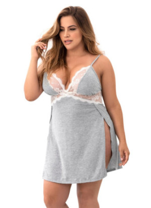 Nuisette en coton grise grande taille fendue sur les côtés et finition dentelle blanche - MAL7313XGREY